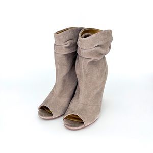 Suede grayish beige/tan color slouched booties.